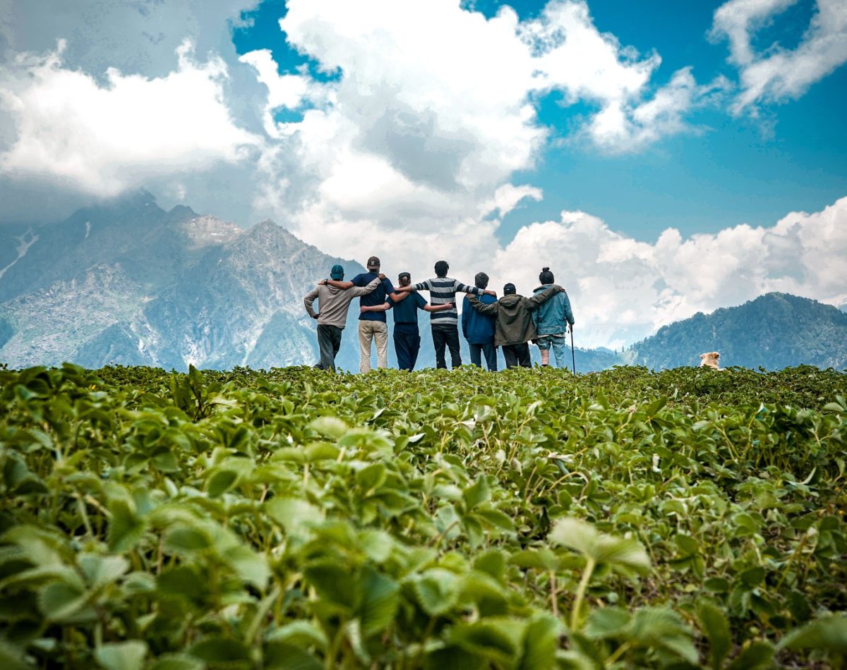 Young friends on top of a mountain enjoying the mesmerizing view